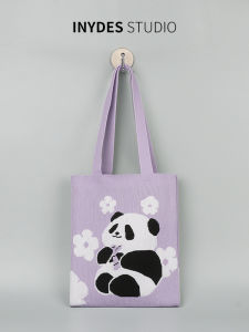 Portable Knitted Handbag 2025 New Style National Panda Color Block Large Capacity Simple Womens Bag Soft Fabric Shoulder Strap