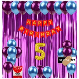 Paket Set Dekorasi Backdrop Pesta Balon Ulang Tahun Anak Banner Happy Birthday Merah Tirai Ungu