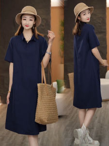 Pure Color Polo Collar T-shirt Dress Women Summer New Fashion Casual Loose Belly Covering Skirt Trendy Korean Style Mid-Length Straight Skirt
