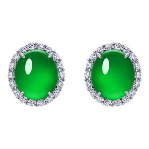 AILEQ | 925 Sterling Silver Gold-Plated Natural Jade Green Chalcedony Ear Studs