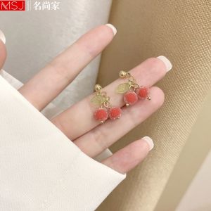 Cute Small Red Cherry Earrings Womens Fashion Jewelry Creative Gift Box Decorative Gold Color Cherry Design Earrings