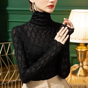chaqi | High Collar Lace Plaid Slim Fitting Blouse Black