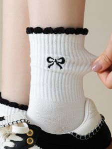 JINGCHI | Tất cotton ren thắt nút bướm cho nữ Tất cotton mỏng đến giữa bắp chân mùa hè phong cách Nhật Bản và Hàn Quốc Tất ballet