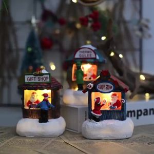 Christmas Resin Village Houses Mini Model LED Lighting Small House Xmas Home Desktop Decor Gifts