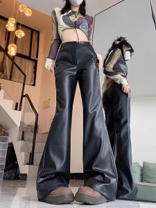 กางเกงหนัง PU ทรงขาบานเอวสูงสีดำ ทรงสลิมฟิต ทรงเรโทร กางเกงขายาวทรงหัวม้า สำหรับผู้หญิง ฤดูใบไม้ร่วง 2023
