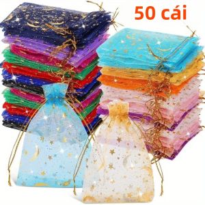 50 CÁI Túi Organza Dây Rút Hình Mặt Trăng Và Sao Túi Đựng Quà Hình Ngôi Sao Vàng Dùng Làm Quà Tặng Trang Sức Quà Giáng Sinh Quà Cưới - Dịp Cưới Hỏi & Lễ Đính Hôn