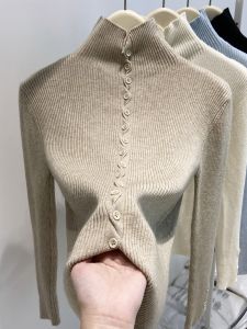 Korean Style High-End Knitted Long Sleeve High Collar Womens Fitted Inner Wear Top Button up Soft Comfortable Commute Wind