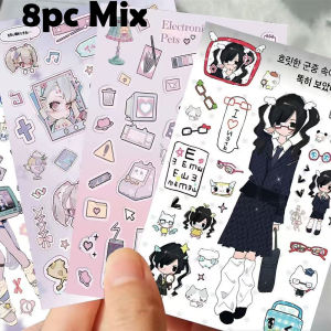 8PC Mix Sweet Cool Asian Girl Diary Cutting Film Sticker Ins Style Japanese Popular Collage Material Package Waterproof Stickers