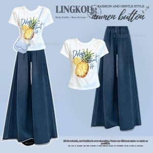 NUMEN BUTTON | Summer Casual Set T-shirt Top with Loose Wide Leg Jeans