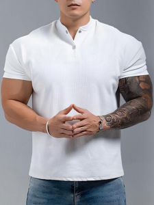 American Style Mens Short Sleeve T-Shirt Shoulder Pads Quick Dry Training Fitness Running Polo Shirt Sports Casual Wear