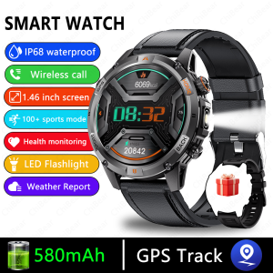 2026 New GPS Outdoor Sports Men Smart Watch Health Monitoring 100+ Sports Modes LED torch 580mAh IP68 Bluetooth Call SmartWatch