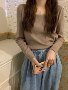 Slim Fit Knitted Long Sleeve Square Collar Base Shirt Womens Fashionable Retro Sweater Spring Autumn Inner Wear Design Sense