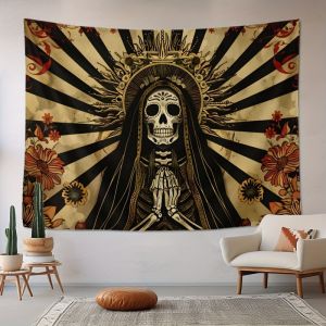 VIKAMA Vintage Skeleton Madonna Vàng Đen Hoa Gothic Đầu Lâu Thảm Cầu Nguyện Treo Tường Bí Ẩn Nghệ Thuật Trang Trí Polyester