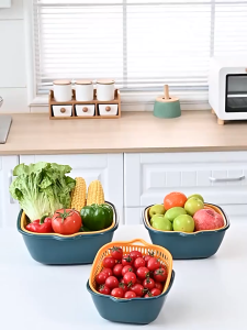 SG Stock 6pcs/Set Double Layer Large Drainer Colander Strainer Kitchen Vegetable Fruit Washing Basket Holder