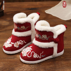 Handmade Embroidered Hanfu Snow Boots Childrens Cotton Shoes Girls Ancient Style Floral Pattern Winter Booties Toddler Footwear