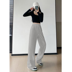 กางเกงขายาวทรงตรงสีเทาสำหรับผู้หญิง กางเกงขายาวทรงหลวมสบาย ๆ สำหรับฤดูใบไม้ร่วงและฤดูหนาว กางเกงขายาวทรงหลวมทรงสปอร์ตแบบลำลองสำหรับสาวๆ สไตล์อเมริกัน