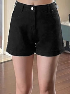 กางเกงขาสั้นผ้ายีนส์เอวสูงสีดำสำหรับผู้หญิงในช่วงฤดูร้อน ทรงเข้ารูป ทรงเอ ทรงกระบอก ทรงกระชับสัดส่วน ทรงกระชับสัดส่วน กางเกงขายาวทรงหลวม