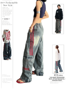 กางเกงยีนส์ทรงหลวมสไตล์อเมริกันย้อนยุคสำหรับผู้ชายและผู้หญิง กางเกงขายาวทรงตรง กระเป๋าใหญ่ ลายทาง เอวยางยืด กางเกงขายาวทรงตรง