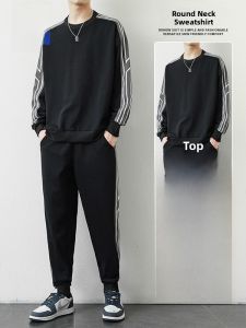 ROMON | Romon Mens Casual Sports Set Spring Autumn New Fashion Round Neck Sweatshirt Running Pants Two Piece Set Polyester Fiber