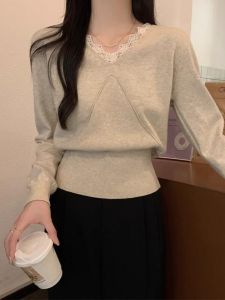 WANGGONGZHU | Elegant Lace Trim Knitted Sweater Womens Slim Fit Design Korean Style Long Sleeve V-Neck Knitwear Fashionable Inner Wear