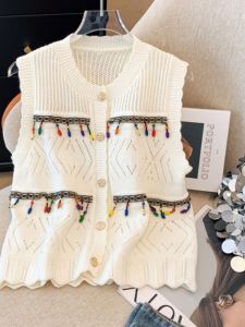 Early Autumn 2024 Tassel Hollow out Ice Silk Knitted Vest plus Size Womens Beautiful Top Commute Style round Neck Single Button