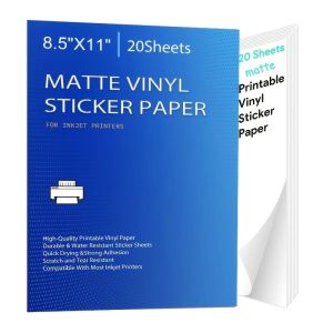 Printable Vinyl Sticker Paper for Inkjet laser Printer Glossy White Matte 20 Self-Adhesive Sheets Waterproof Decal Paper 8.5x11