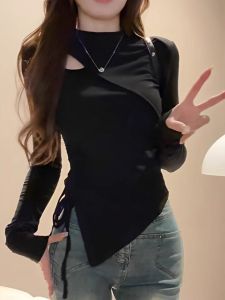 Fashionable Spicy Girl Hollow out Stand Collar Slim Fit Long Sleeve T Shirt Women Spring Autumn Inner Wear Asymmetric Pleated Waist Short Top