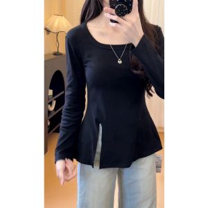 Plus Size Plus Size Ladies French Style Square Collar Long Sleeve T-shirt Tops Women Fall New Arrival Easy Matching Waisted Slim Looking Slit Underwear Blouse