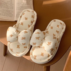 Floral Butterfly Knot Linen Slippers Thin Striped Anti-Slip Bedroom Floor Shoes Womens Home Slippers Absorb Sweat Korean Style