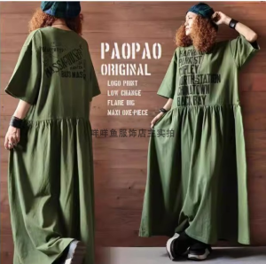 Cross-Border Japanese Loose plus Size Sweet round Neck Short Sleeve Front and Back Print Stitching Big Swing T-shirt Skirt below the Knee Dress