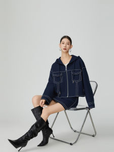 Dark Blue Early Autumn Hooded Sweatshirt Denim-Like Design Set