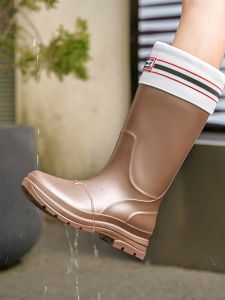 Japanese Style Stylish Rain Boots Knee High Thickened Non-Slip Rain Boots Girls Outdoor Work Rubber Shoes Fall and Winter Warm Slugged Bottom Rain Shoes