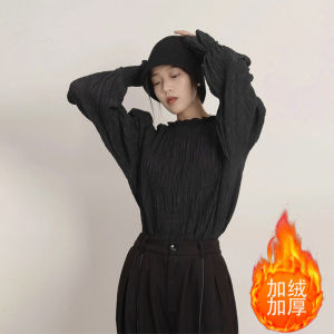 French Style Temperament Texture Black Puff Sleeve Shirt Womens Autumn and Winter Stylish Fleece-lined Thickened Bottoming Shirt Tops