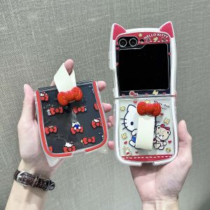 เคสโทรศัพท์มือถือ Kitty Cat Flip Cover สำหรับ Samsung ZFlip7 ZFlip6/5 ป้องกันการตกหล่น ลายการ์ตูนน่ารัก หน้าจอพับ เคลือบใส สำหรับผู้หญิง