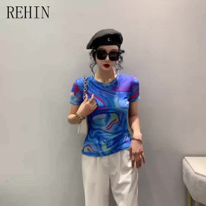 REHIN Summer Fashion Mesh Printed Floral Short-Sleeved T-shirt Round Neck Slim-Fit S-3XL Trendy Tops