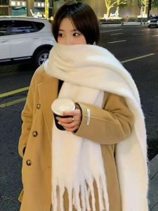 White Scarf for Women Winter Fancy Thickened Heattech Extra Large and Long Korean Style Mohair Japanese Style Autumn Winter Scarf for Men