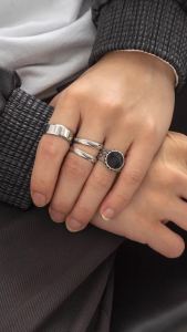 Ingemark | 4Pcs Retro Simple Stainless Steel Opening Adjustable Wide Ring Mens Gothic Pattern Metal Ring Casual Jewelry
