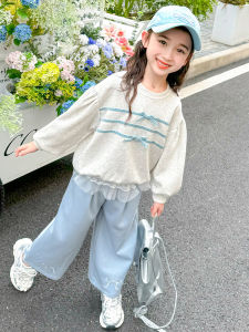 เด็กผู้หญิง ลำลอง ชุดขอบลายดอกไม้ เสื้อสเว็ตเชิ้ต ฤดูใบไม้ผลิ ฤดูใบไม้ร่วง เดรส ชุดสองชิ้นปมผีเสื้อเล็ก ผ้าฝ้าย คอกลมแขนยาว