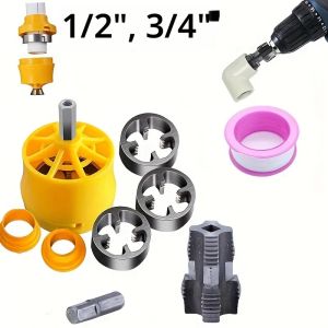 ชุดเครื่องมือทำเกลียวท่อเหล็ก 3/9 ชิ้น: พร้อมแม่พิมพ์ 3 แบบ (ภายนอก+ภายใน) เครื่องทำเกลียวท่อพีวีซีสำหรับสว่านไฟฟ้า ขนาด 1/2 นิ้ว และ 3/4 นิ้ว สำหรับทำเกลียวท่อน้ำ