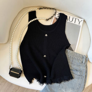 French Tassel Splicing Knitted Tank Top Women Summer Outerwear Design Sense Inner Matchings Vest High Waist Straight Cut Korean Style