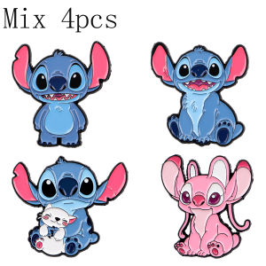 Cute Blue Pink Stitch Anime Enamel Pins Custom Cartoon White Kitty Brooches Lapel Badges Funny Jewelry Gift for Friends
