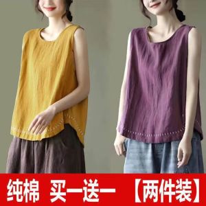 Áo Thun Cotton Cổ Tròn Tay Ngắn Dáng Rộng Mùa Hè 2024 Cho Nữ Áo Thun Cotton Phong Cách Retro Dân Tộc Không Tay Áo Vest Thêu