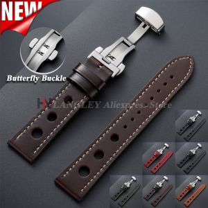 Oil Waxed Leather Watch Band 20mm 22mm Breathable Hole Strap Butterfly Buckle for Omega for Seiko Watch Universal Sport Bracelet