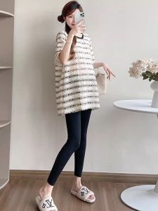 Maternity T-Shirt Set Summer Loose Striped Short Sleeve Non-Pregnant Belly Visible Korean Style round Neck Dress for Pregnant Women