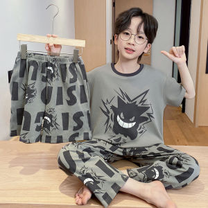 Boys Summer Sleepwear Pure Cotton Short Sleeve Long Pants Three-piece Set Cartoon Home Clothes for Children Teens And Tweens