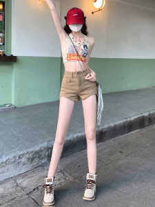 Quần Short Denim Màu Kaki Cạp Cao Co Giãn Cho Nữ Mùa Hè 2025 Quần Bó Che Mông Cho Bé Gái Quần Bó Che Mông Quần Bó Che Mông