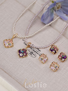 Loslie Gradient Natural Pearl Earrings And Necklace Set New Chinese Style Retro Oil Painting Alloy Jewelry Accessories