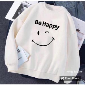 Sweater Oblong BE HAPPY SMILE Atasan Wanita Atau Remaja Kekinian Bahan FLEECE Size M-L-XL
