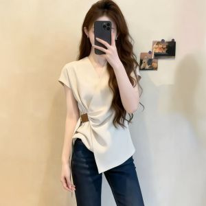 Elegant Slimming Asymmetric V-neck Short Sleeve Summer Plus Size T-shirt