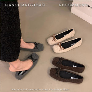 Versatile Flat Bottom French Style Square Head Womens Shoes 2024 New Spring Autumn Butterfly Knot Vintage Suede Commuting Shoes